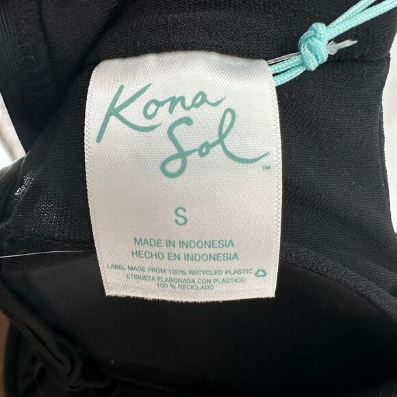 Kona Sol Black Swim Cap Sleeve One Piece S Ribbed V-neck Keyhole Back Beach - Picture 7 of 9